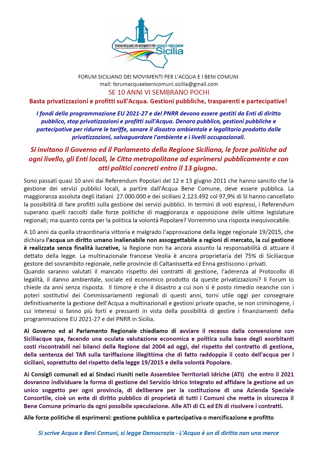 Appello Forum siciliano decennale referndum