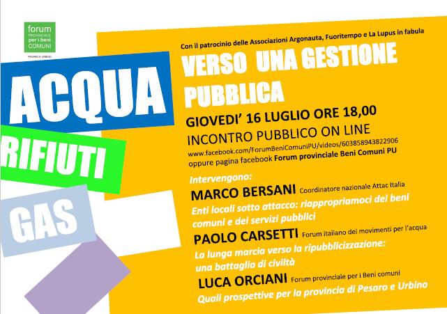 Locandina iniziativa gestione pubblica Pesaro Urbino 16 7 20